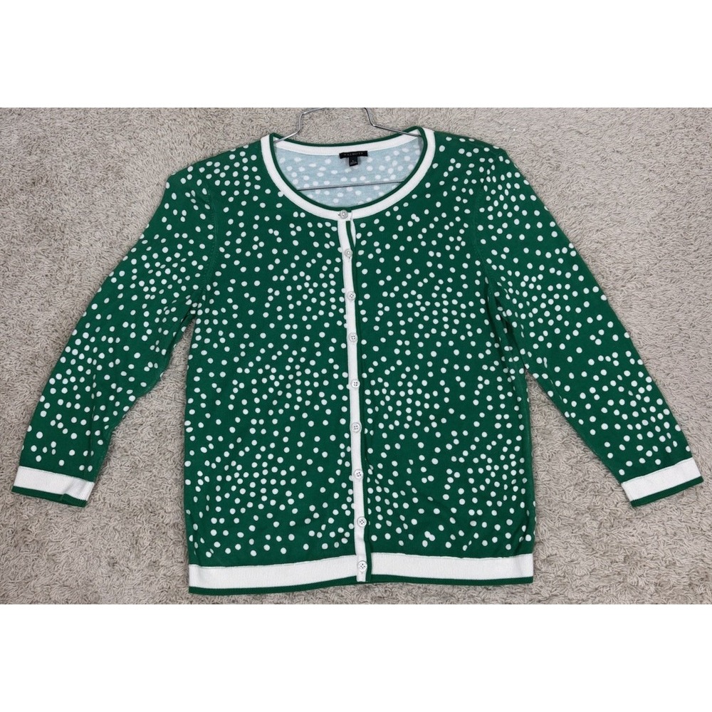 Talbots Lightweight Green Polka Dot Cardigan Sweater 3/4 Sleeve Women's L Preppy